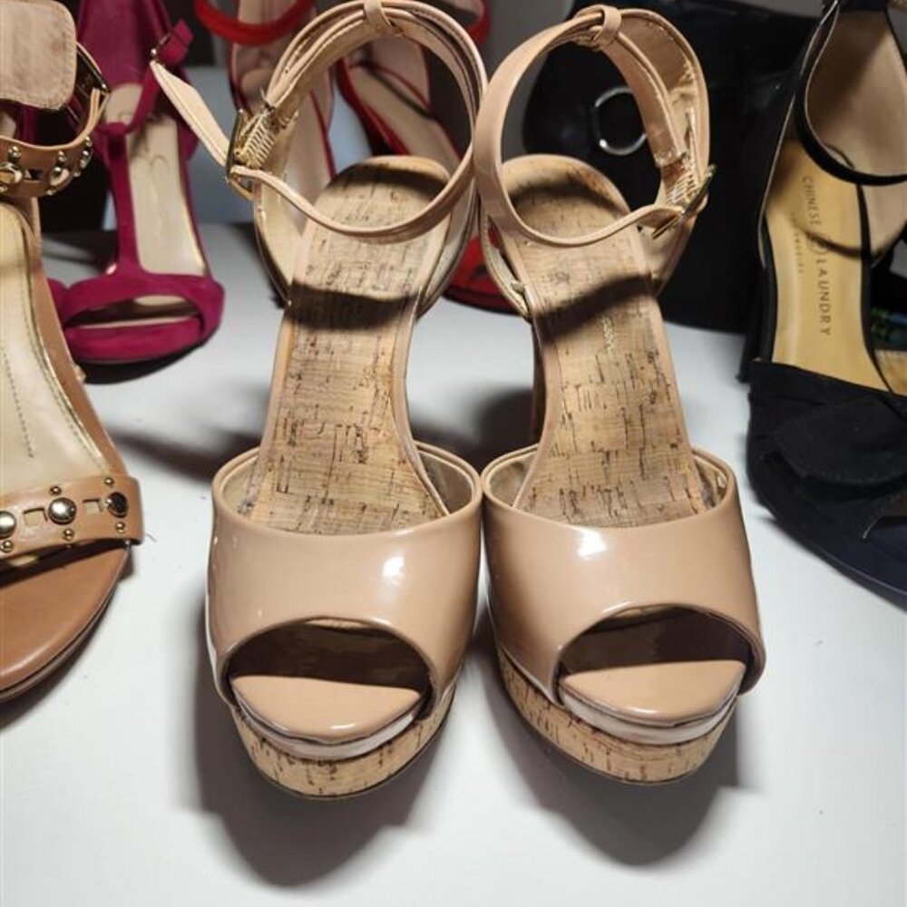 Beige platform Patent Leather Cork Heel